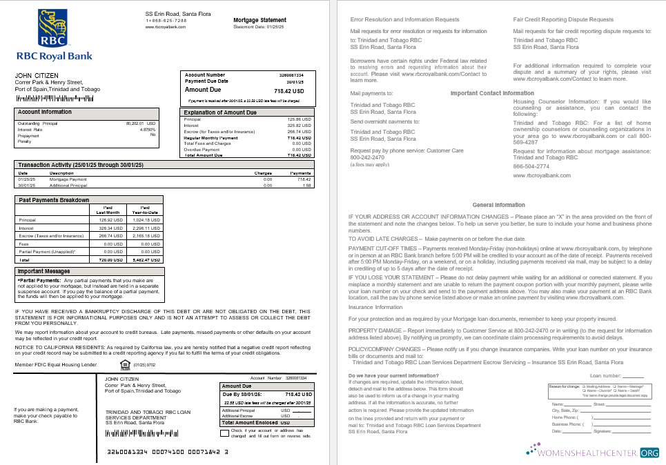 Download Trinidad and Tobago Royal Citizens Bankmortgage statement in Word and PDF formats Photoshop template